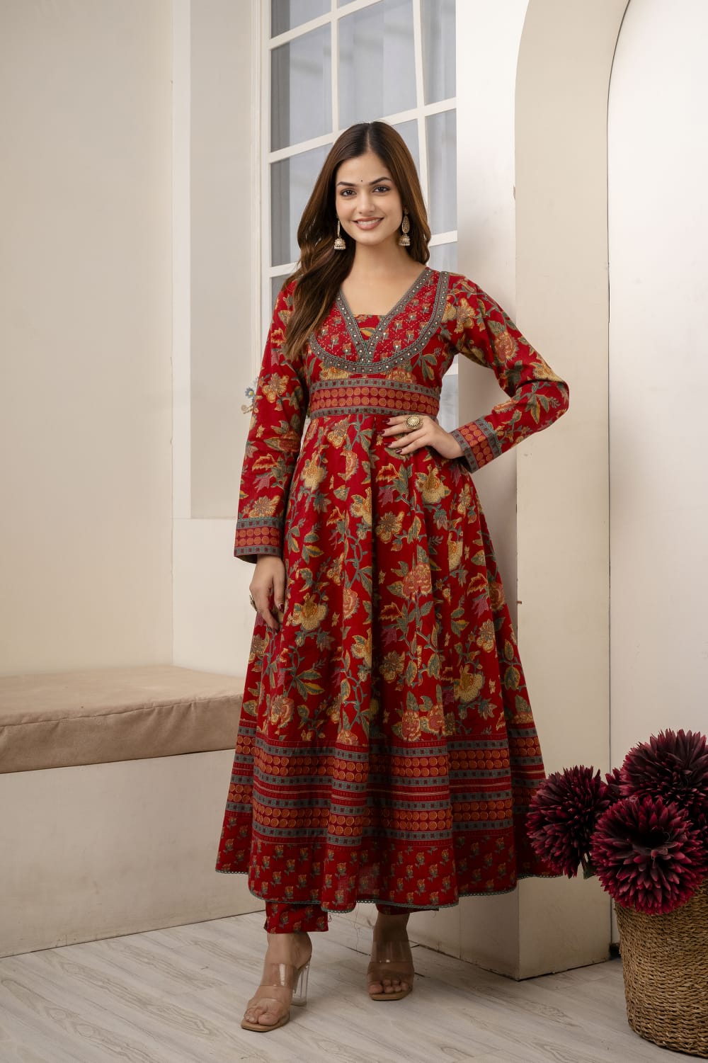 REDISH FLORISH DRESS IN COTTON - SET OF 3 - RED