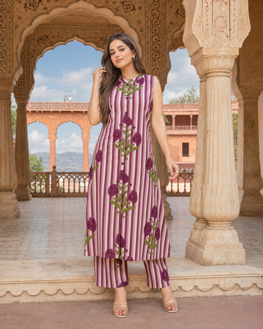 LA ROSE HAND BLOCK COTTON  A-LINE SLEEVE LESS KUTA PANT SET