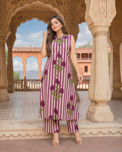 LA ROSE HAND BLOCK COTTON  A-LINE SLEEVE LESS KUTA PANT SET