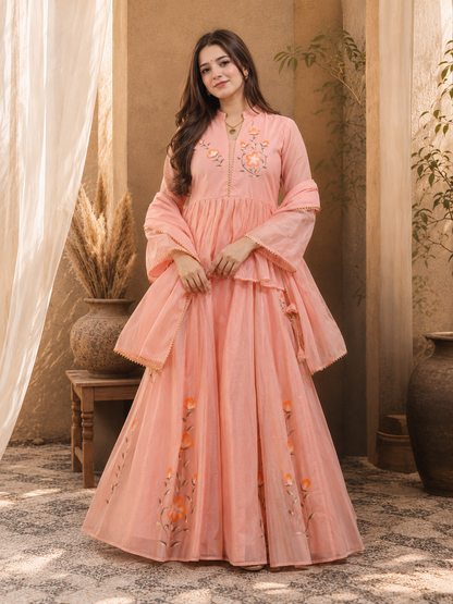 In.CottoM - INDIAN FLARED HAND PAINTED CHANDERI LEHENGA KURTI DUPATTA SET