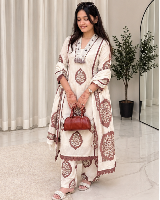 COTTON KURTA SET WITH HAND APPLIQUE WORK WITH JAIPURI PRINT