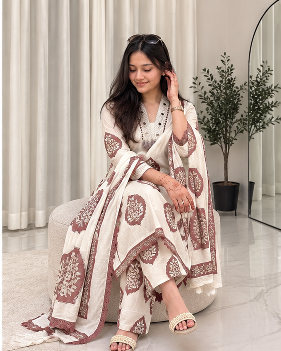 COTTON KURTA SET WITH HAND APPLIQUE WORK WITH JAIPURI PRINT