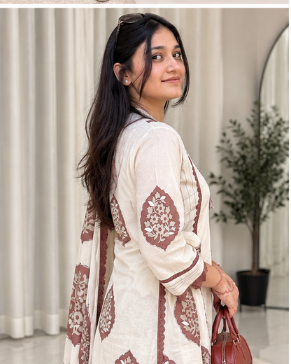 COTTON KURTA SET WITH HAND APPLIQUE WORK WITH JAIPURI PRINT