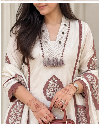 COTTON KURTA SET WITH HAND APPLIQUE WORK WITH JAIPURI PRINT