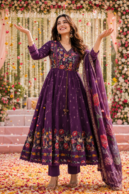 WOMEN'S SILK FLORAL PRINTED ANARKALI SET