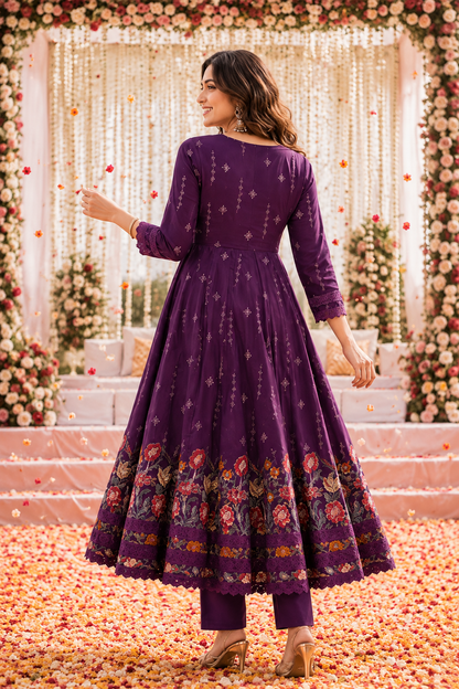 WOMEN'S SILK FLORAL PRINTED ANARKALI SET