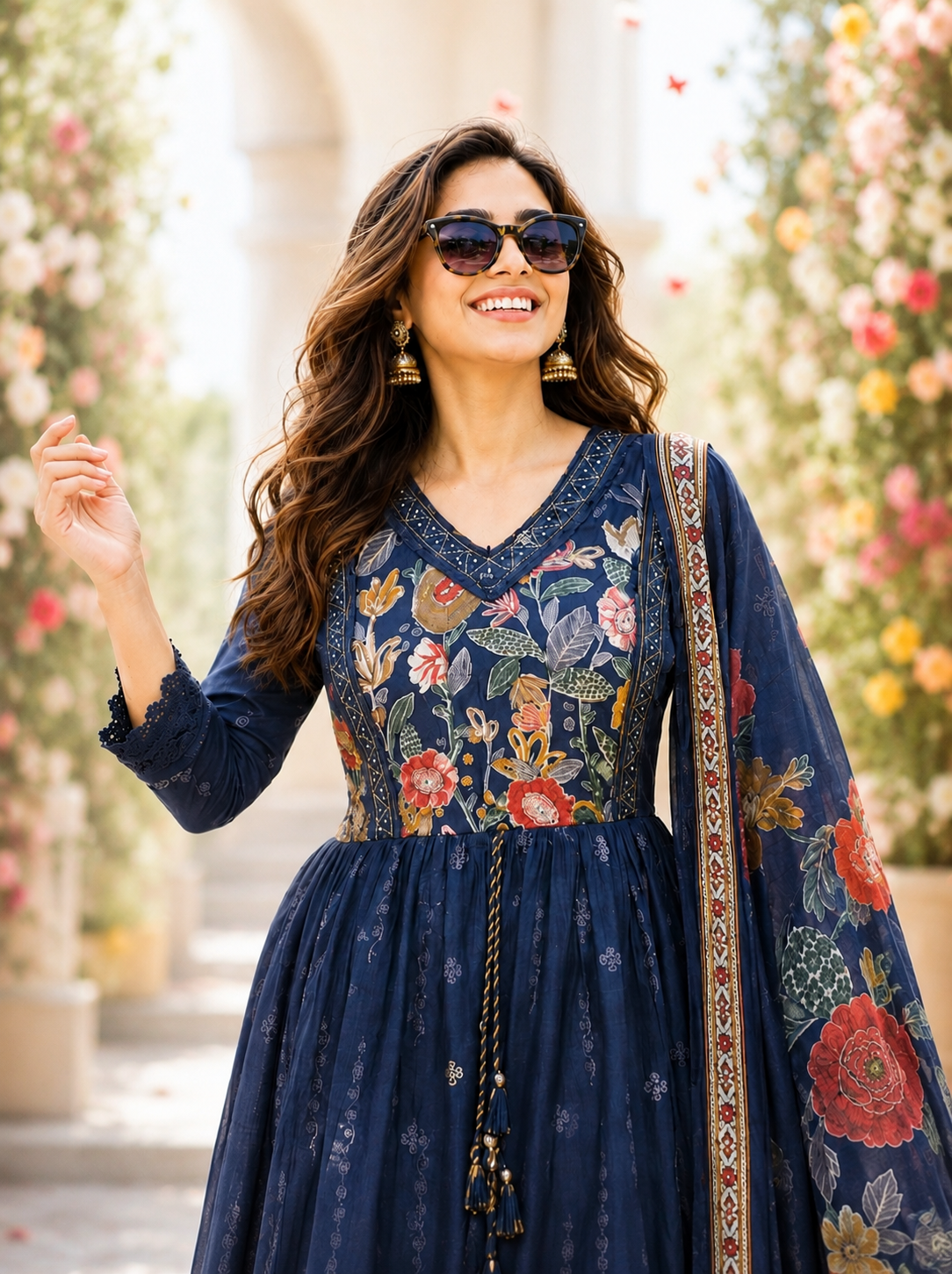 WOMEN'S SILK FLORAL PRINTED ANARKALI SET