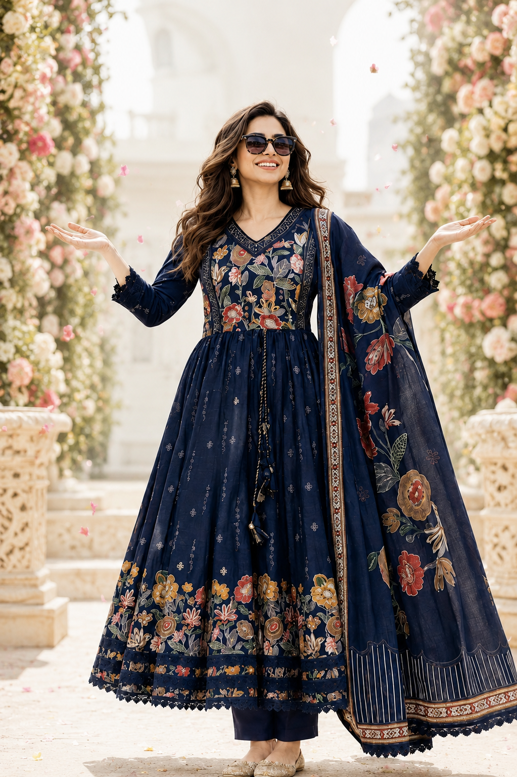 WOMEN'S SILK FLORAL PRINTED ANARKALI SET