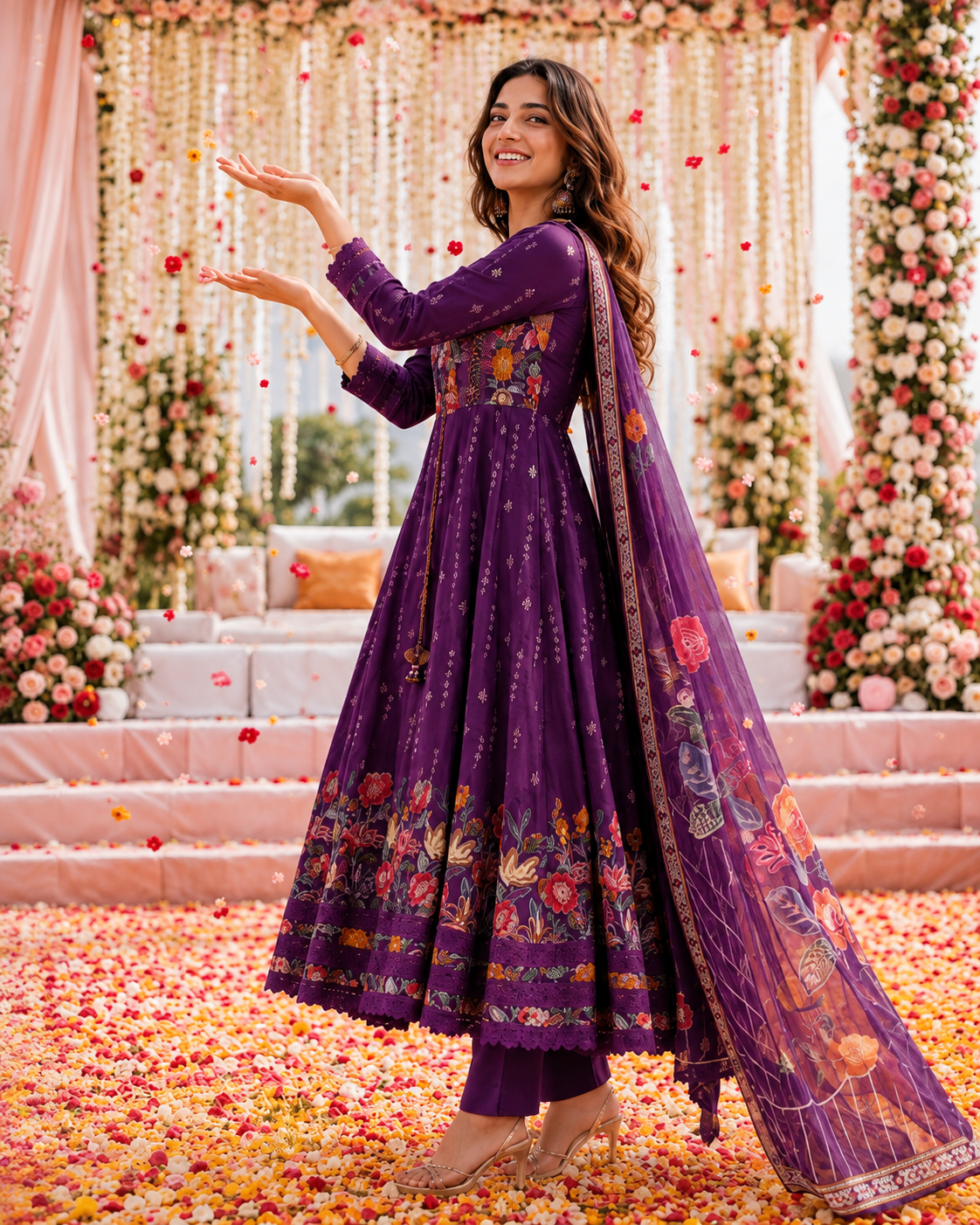 WOMEN'S SILK FLORAL PRINTED ANARKALI SET