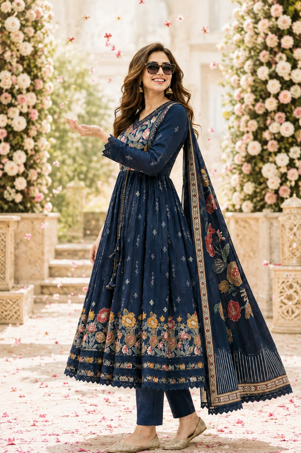 WOMEN'S SILK FLORAL PRINTED ANARKALI SET