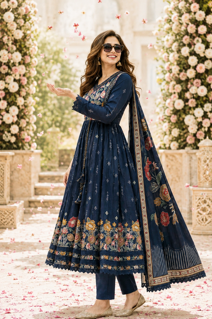 WOMEN'S SILK FLORAL PRINTED ANARKALI SET