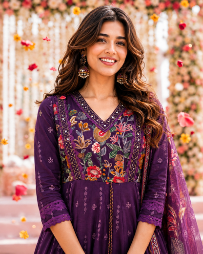 WOMEN'S SILK FLORAL PRINTED ANARKALI SET