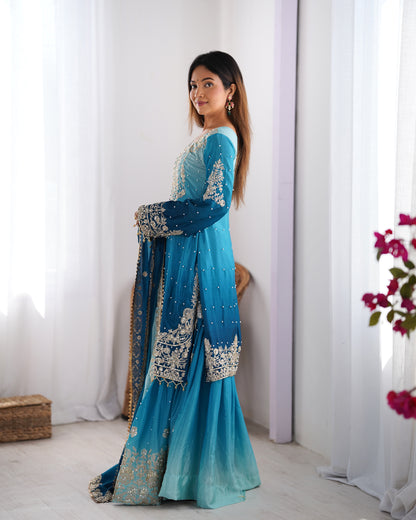 RIVER BLUE ELEGANT SHARARA WITH RIVER MOTI WORK - SET OF 3