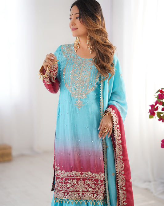 SKYISH BLUE ELEGANT SHARARA WITH RIVER MOTI WORK - SET  OF 3