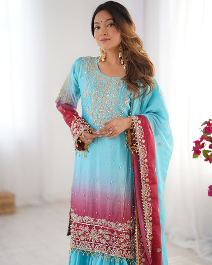 SKYISH BLUE ELEGANT SHARARA WITH RIVER MOTI WORK - SET  OF 3