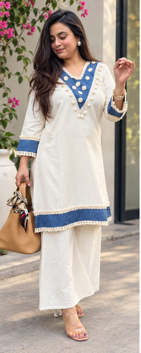 OFF-WHITE CO-ORD SET PAMPAM HAND WORK WITH DENIM BORDER