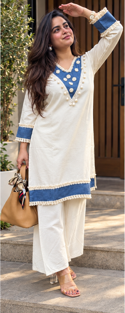 OFF-WHITE CO-ORD SET PAMPAM HAND WORK WITH DENIM BORDER