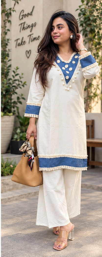 OFF-WHITE CO-ORD SET PAMPAM HAND WORK WITH DENIM BORDER