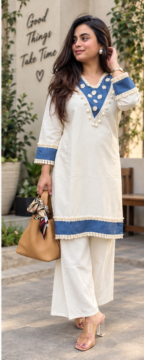 OFF-WHITE CO-ORD SET PAMPAM HAND WORK WITH DENIM BORDER