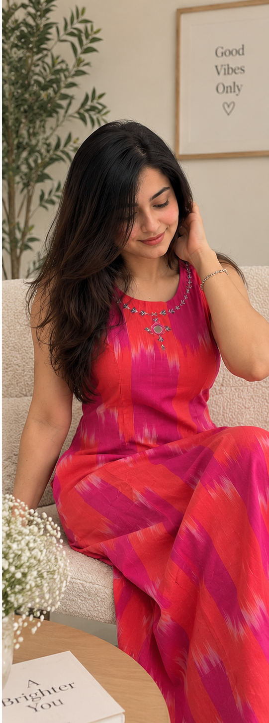 COTTON SLEEVELESS IKAT PRINT KURTA & PLAZZO CO-ORD SET