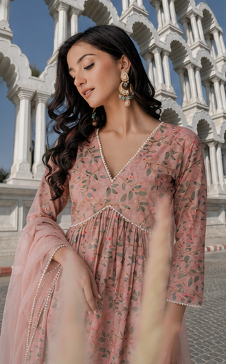 PASTEL PINK PRINTED COTTON KURTA SHARARA - SET OF 3