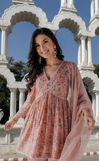 PASTEL PINK PRINTED COTTON KURTA SHARARA - SET OF 3