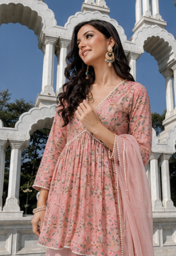 PASTEL PINK PRINTED COTTON KURTA SHARARA - SET OF 3