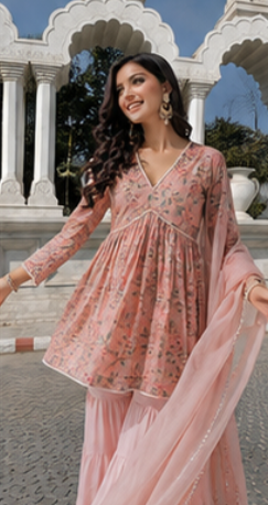 PASTEL PINK PRINTED COTTON KURTA SHARARA - SET OF 3