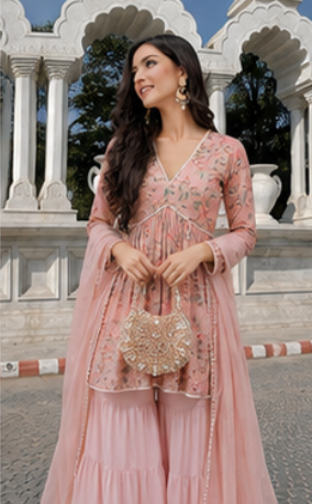 PASTEL PINK PRINTED COTTON KURTA SHARARA - SET OF 3