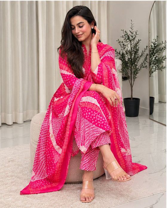 BANDHANI PRINT COTTON KURTA SET