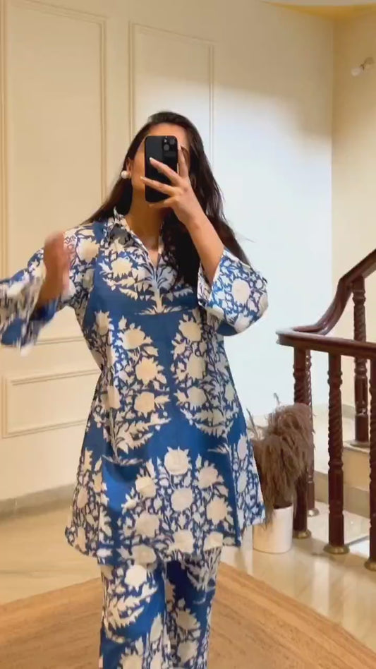 BLUE & WHITE PRINTED CO-ORD SET OF 2
