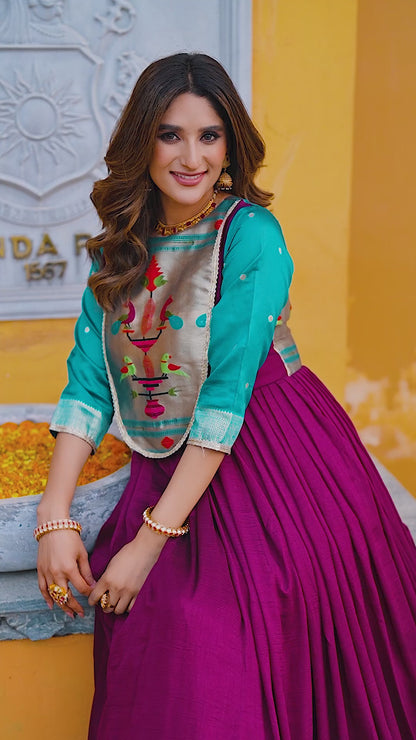 DESIGNER GOWN IN VICHITRA SILK WITH ZARI WEAVING WORK