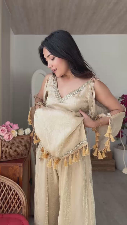 CREAM DOREMON CRUSH TOP , PLAZZO & DUPATTA SET