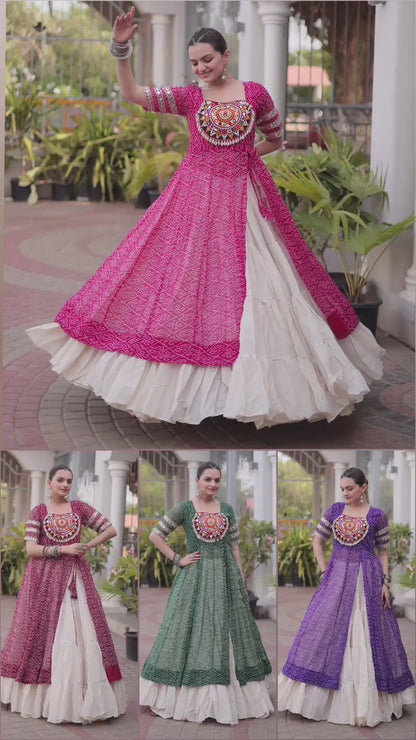 BANDHANI PRINTED KURTI WITH KORA COTTON LEHENGA