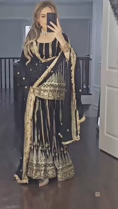 SHIMAR DESIGNER - BLACK GEORGETTE  EMBROIDERY WORK SHARARA SUIT