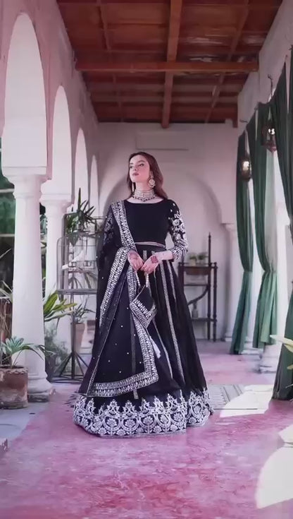 ZARINA - BLACK VELVET THREAD & SEQUENCE EMBROIDERY LEHENGA SET WITH DUPATTA