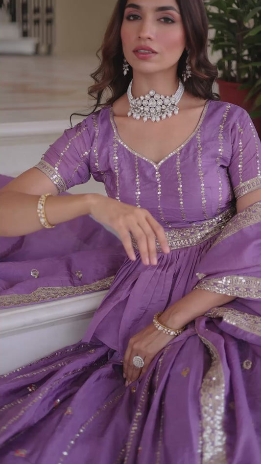 LAVENDER - GOLD CRUSH LEHENGA CHOLI WITH MULTI THREAD EMBROIDERY ZARI SEQUENCE WORK