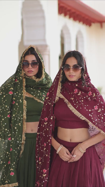 PURE VICHITRA SILK HEAVY SEQUENCE & THREAD EMBROIDERY WORK LEHENGA SET