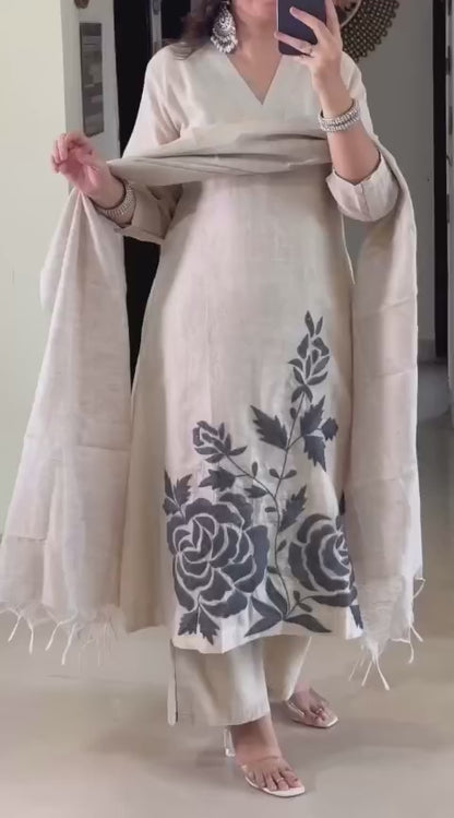 IVORY KHADI COTTON EMBROIDERED KURTA SET