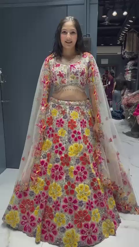 KISHAAKSH - FLORAL EMBROIDERED MULTI COLOUR LAHENGA (Fully Stitched)