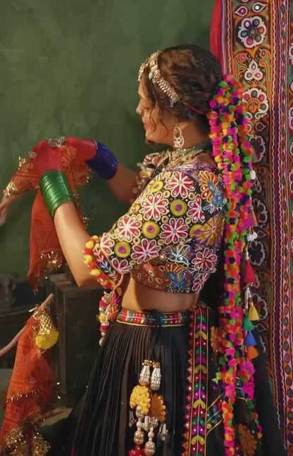 BLACK CHANIYA CHOLI WITH DIGITAL PRINT & MIRROR WORK