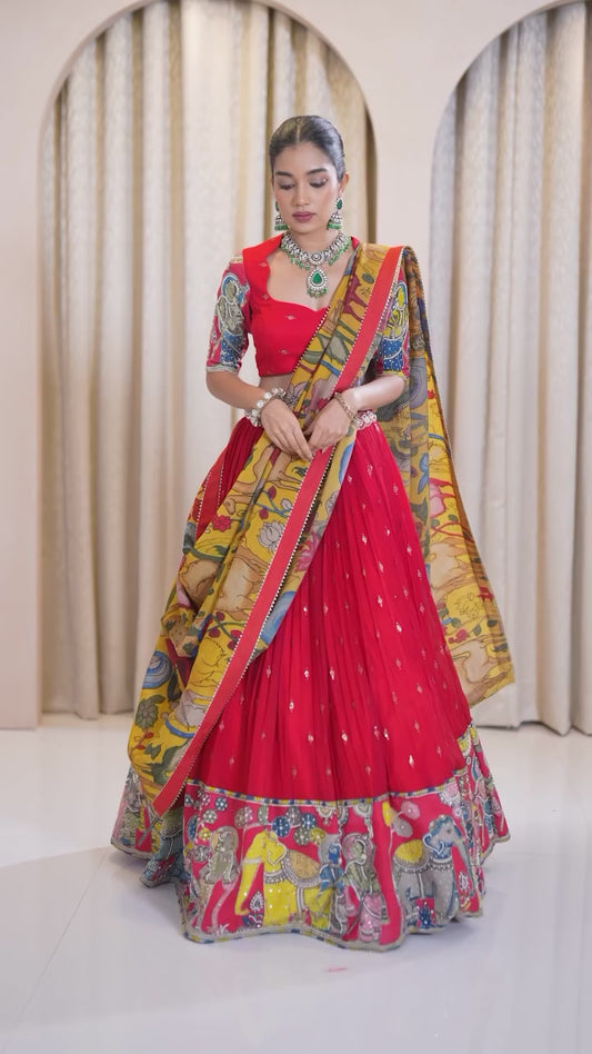 RED PREMIUM KALAMKARI PRINT LEHENGA CHOLI SET