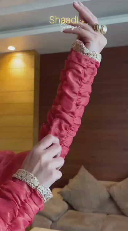 MINA RED CHINON SILK ANARKALI PREMIUM SUIT SET