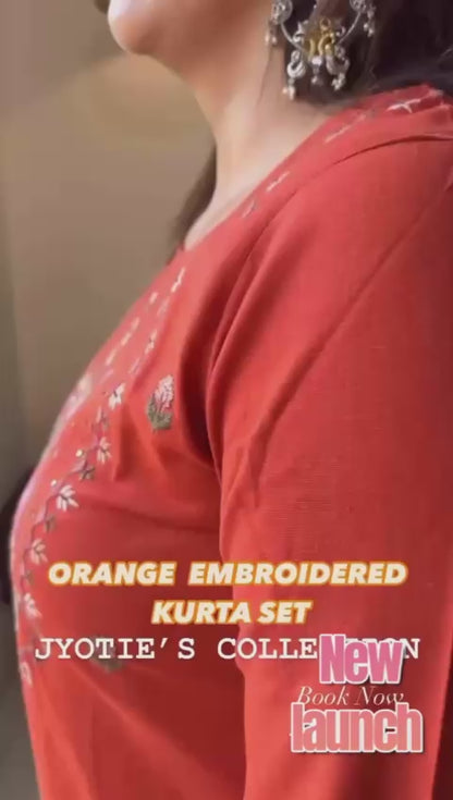 ORANGE HEAVY EMBROIDERY COTTON SLUB KURTA SET