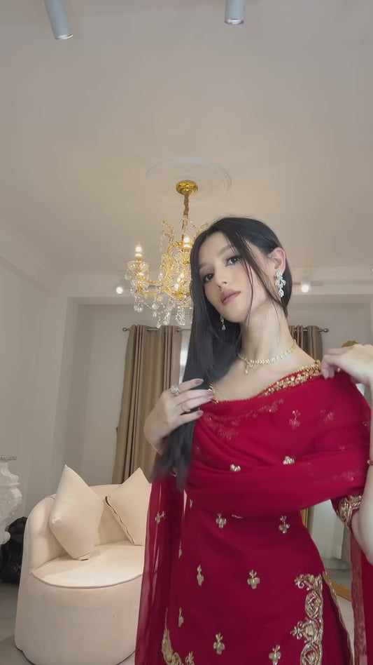 RED FAUX GEORGETTE TOP SHARARA SET (FULLY STTITCHED)