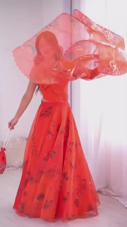 ORANGE DESIGNER ORGANZA LEHENGA SET WITH CO-ORD SET BLOUSE , DUPATTA & BATWA
