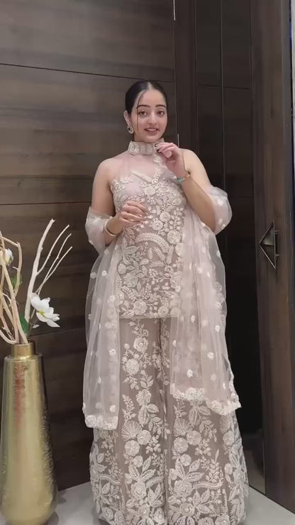 HULTER NECK KURTA AND PLAZZO SET WITH  DUPATTA