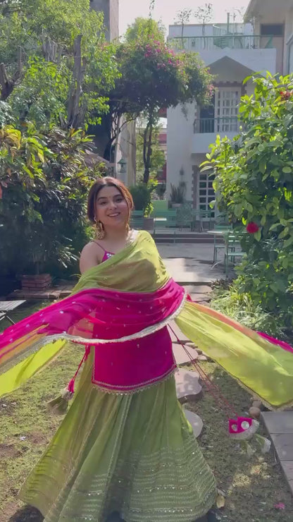 NEHA'S HOT PINK & PARROT GREEN SUIT , SKIRT WITH DUPATTA