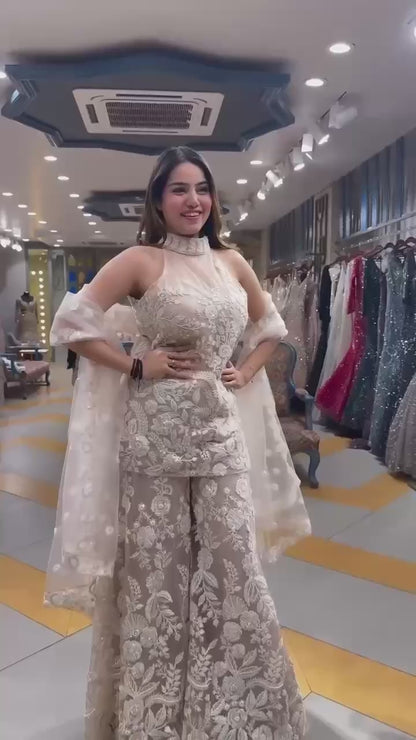 HALTER NECK KURTA AND PLAZZO SET WITH DUPATTA (3 New Colors added for Wedding and Occasion)