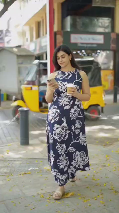 NAVY BLUE HULTER NECK PRINTED SLEEVELESS COTTON KURTA SET